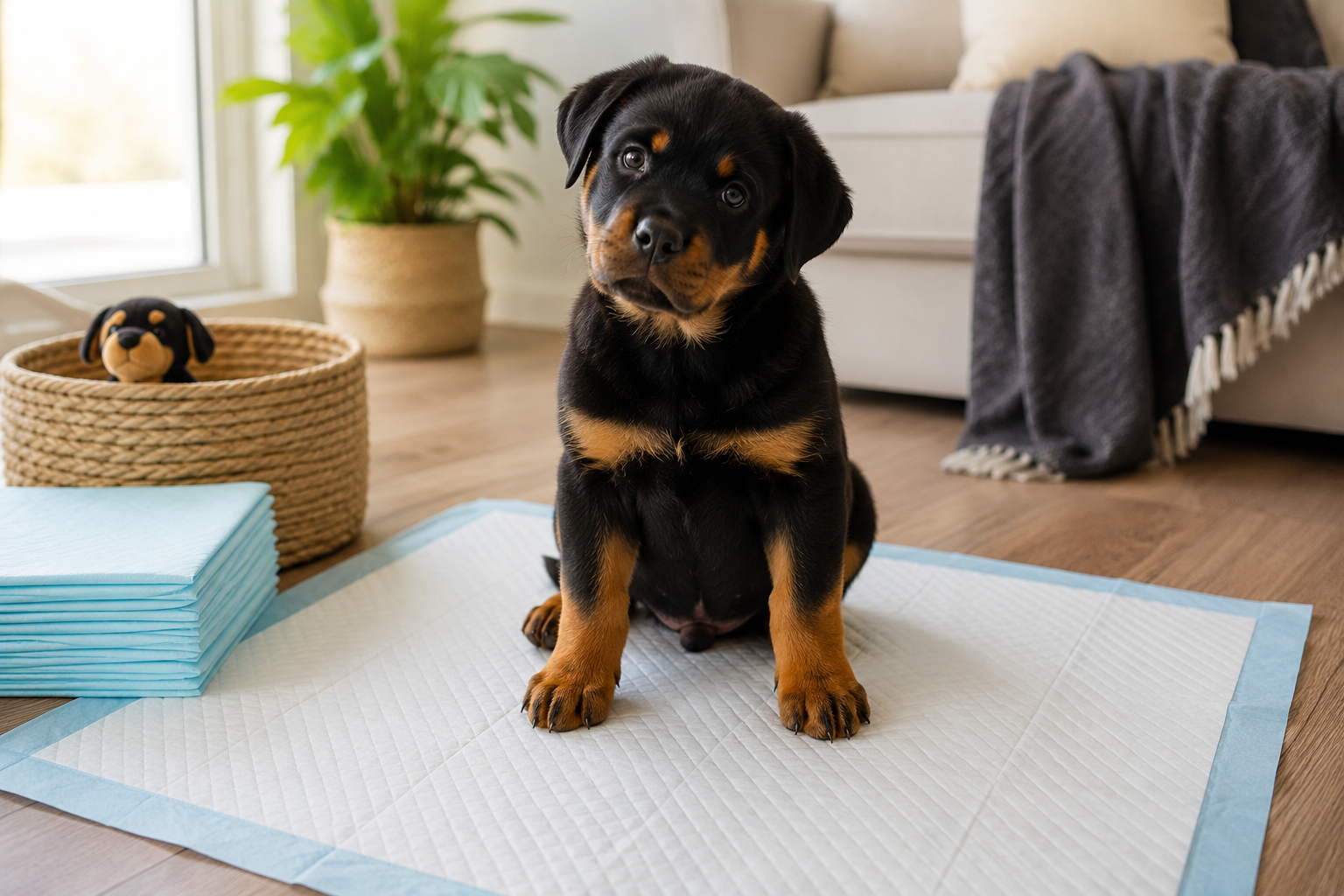 Rottweiler puppy sitting on a stack of absorbent puppy training pads in a bright living room