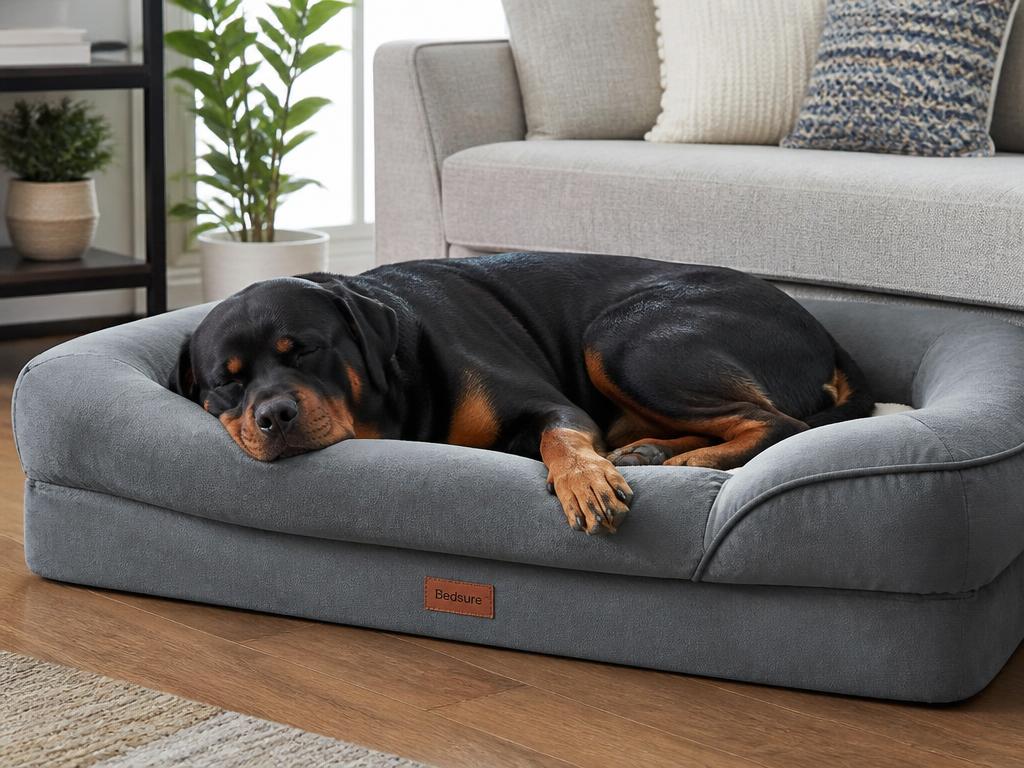 Sleeping Rottweiler resting on a gray orthopedic dog bed in a living room