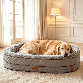 Grey round washable orthopedic donut dog bed with a large dog curled up asleep inside it