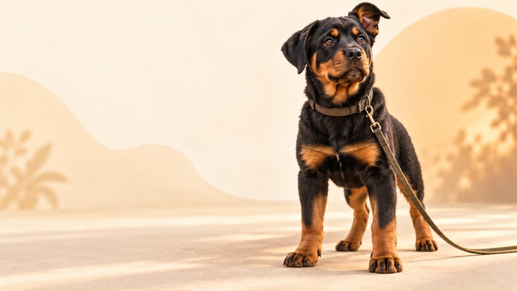 Six-month-old Rottweiler puppy standing on a leash in warm sunlight