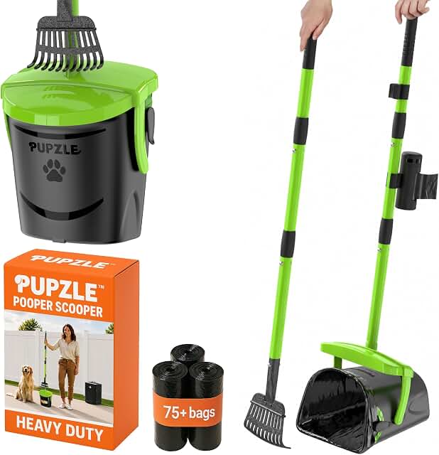 Pupzle heavy duty pooper scooper set with a green rake, bin, wall holder and three rolls of black waste bags