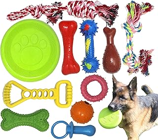 Large natural rubber dog toy set with a paw-print frisbee, rubber bones, dumbbells, rings, balls and rope tugs
