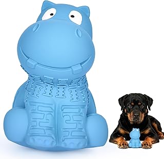 Blue durable rubber hippo squeaky dog toy with a Rottweiler lying beside it