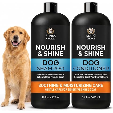 Alfie's Choice Nourish and Shine dog shampoo and conditioner bottles with a golden dog beside them