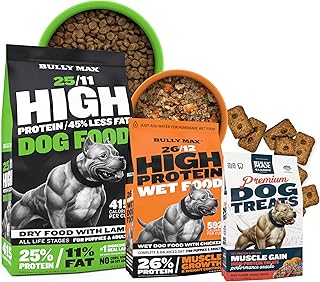 Bully Max bundle with a bag of 25/11 high protein dry dog food, a can of high protein wet food and a bag of premium muscle gain dog treats