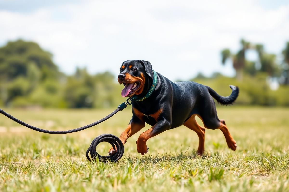Rottweiler running across a grass field on a long black biothane recall training leash