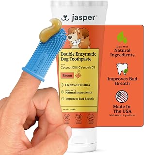 Jasper double enzymatic bacon-flavour dog toothpaste tube with a blue silicone finger toothbrush