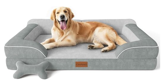 Golden retriever on a light gray CWAWZ orthopedic sofa dog bed