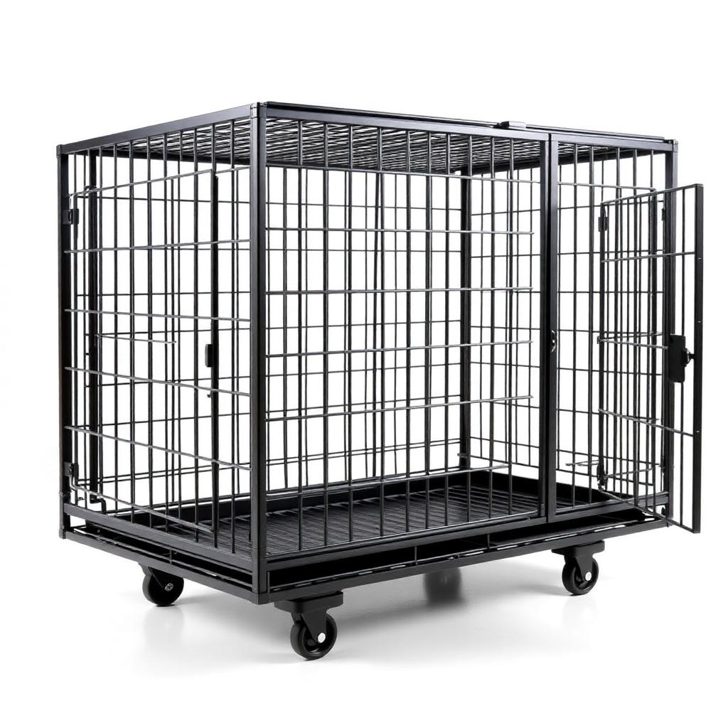 Large heavy-duty black metal dog crate with reinforced frame and lockable wheels