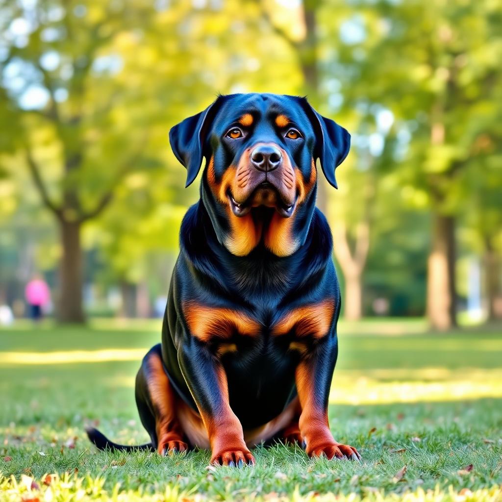 Calm adult Rottweiler looking friendly at the camera, countering aggressive myths
