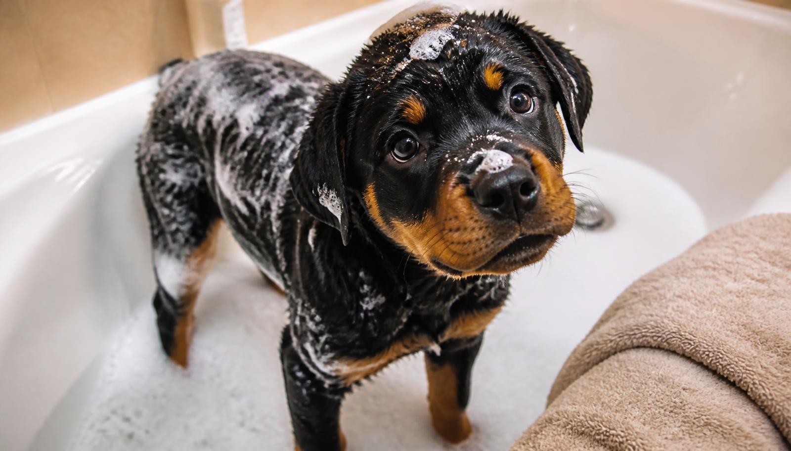 Rottweiler puppy covered in shampoo suds standing in a white bathtub and looking up at its owner