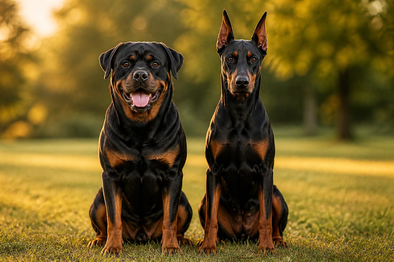 Rottweiler and Doberman sitting side by side in golden evening light