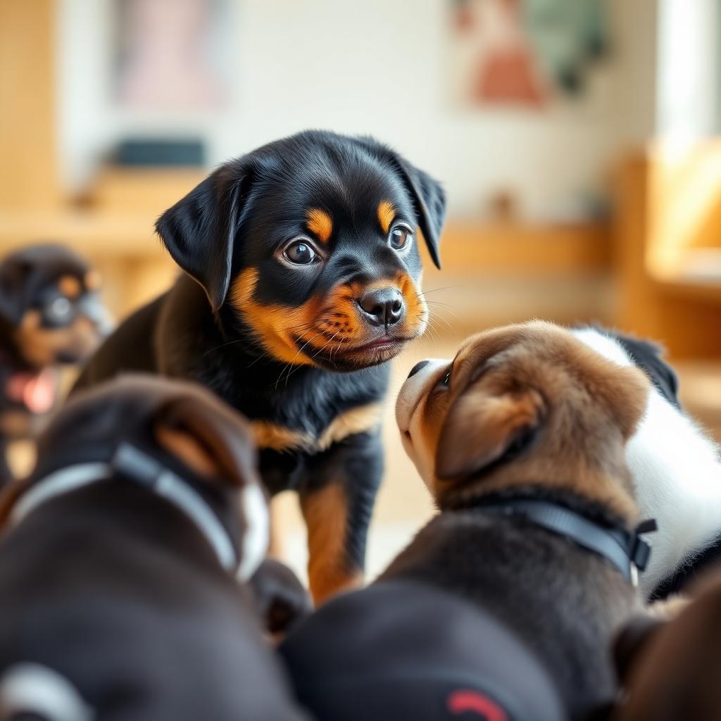 Rottweiler puppy meeting new people and dogs during a socialisation walk