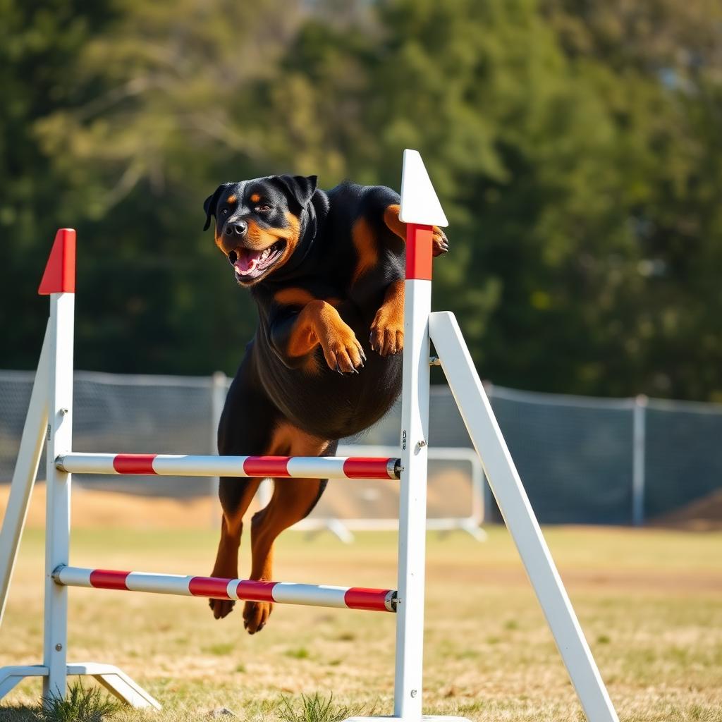 Rottweiler in full action during outdoor dog sports training