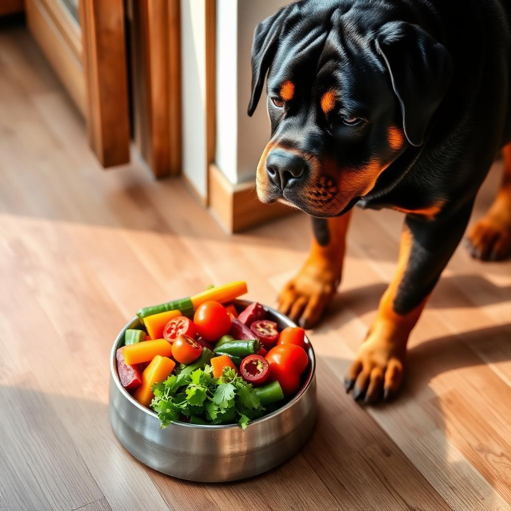 Rottweiler eating from a bowl with balanced kibble for large breeds