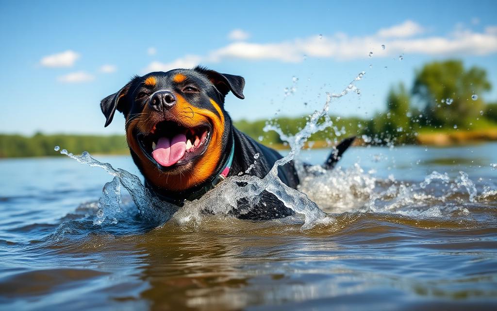 Rottweiler happily playing in the water at a lake shore on a sunny summer day