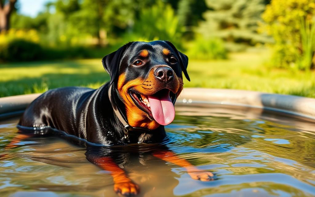 Rottweiler happily cooling off in a small paddling pool on a hot summer day