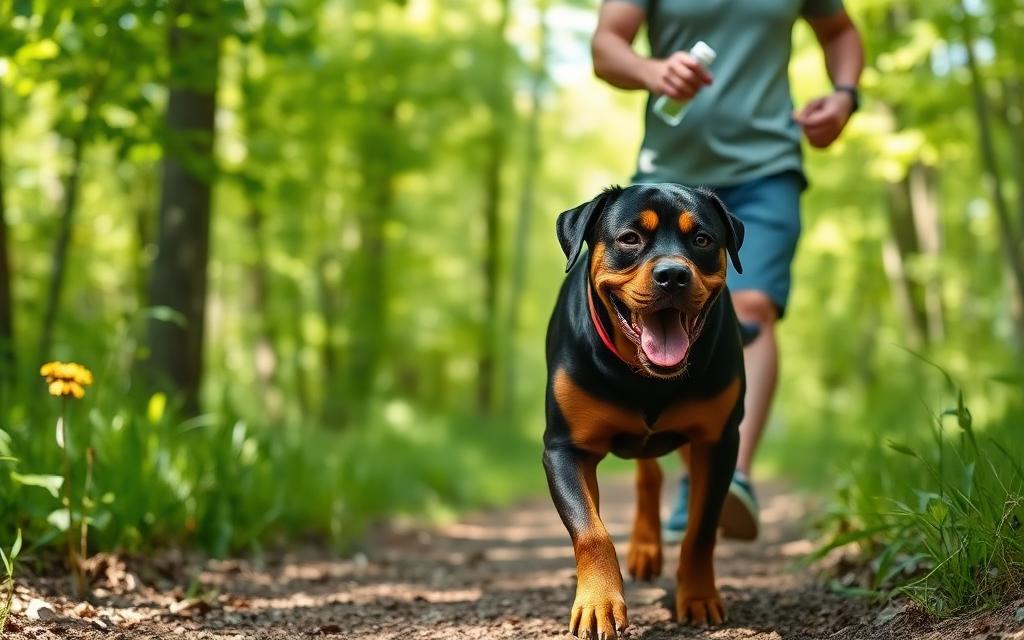 Rottweiler happily walking on a forest path with its owner on a sunny summer day