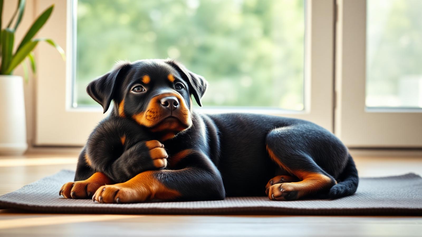 Rottweiler puppy calmly checking in with an owner near a window