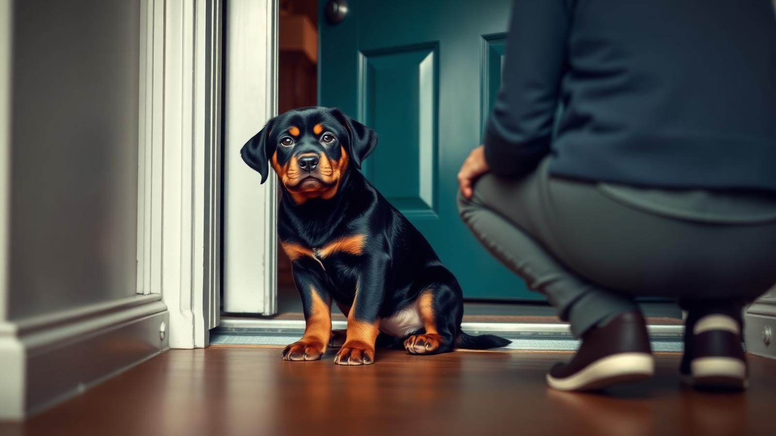 Rottweiler puppy sitting with four paws down during a calm greeting