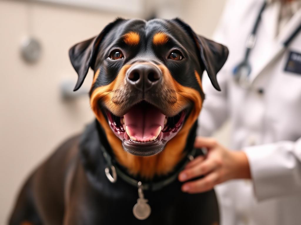 Strong, healthy adult Rottweiler standing outdoors in the sunshine