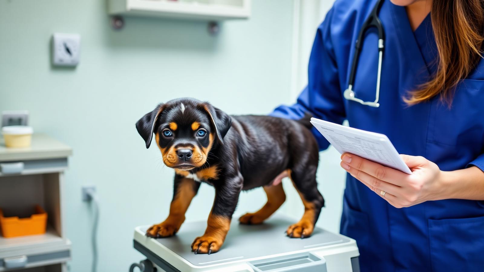 Rottweiler puppy being weighed at a veterinary visit for accurate deworming treatment