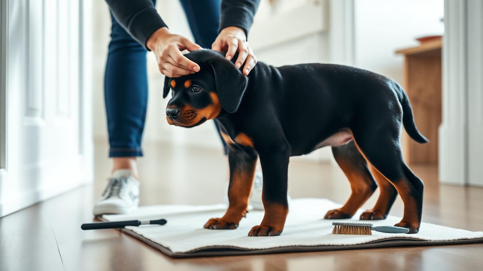 Rottweiler puppy receiving a careful flea and tick coat check after a walk