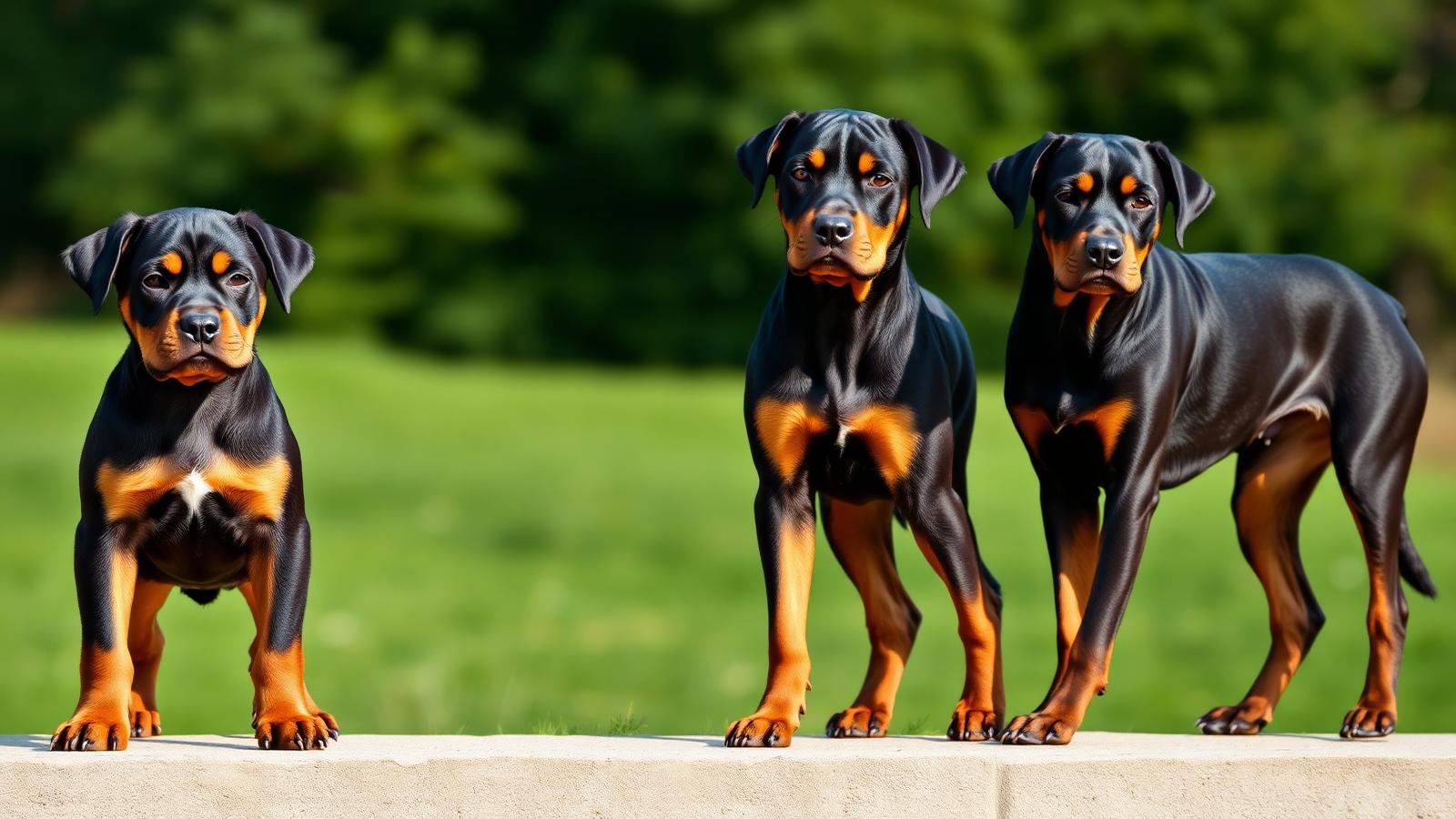 Young and adolescent Rottweilers standing together to show healthy growth stages