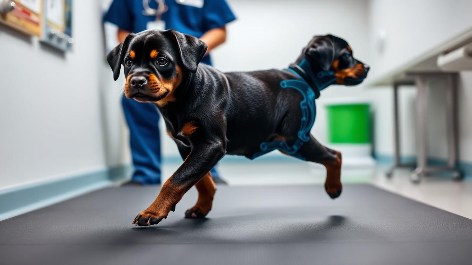 Rottweiler puppy walking during a veterinary hip and elbow assessment