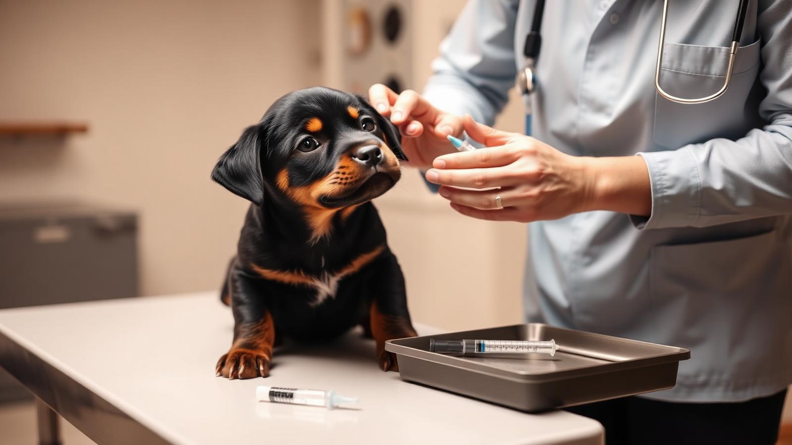 Rottweiler puppy receiving a calm veterinary examination before vaccination