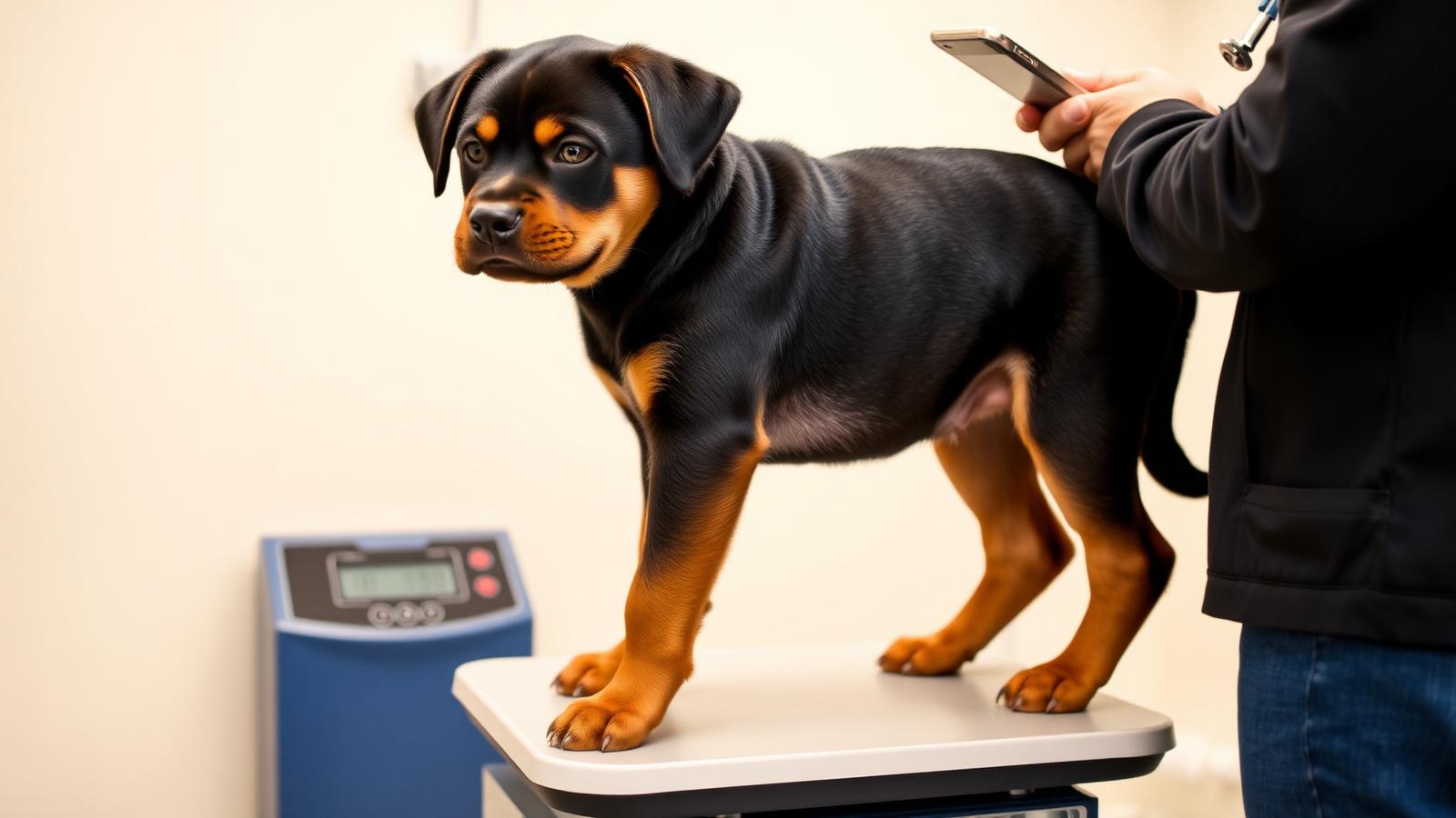 Rottweiler puppy standing calmly on a veterinary scale for a growth check