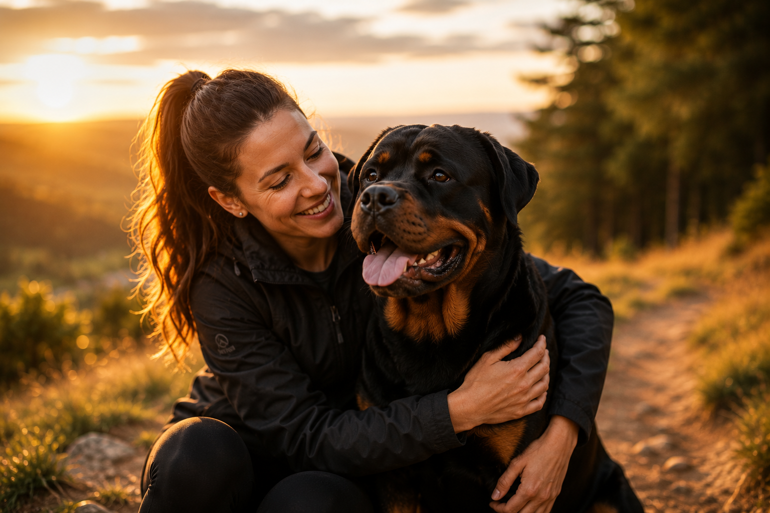 Smiling woman hugging her adult black-and-tan Rottweiler dog at sunset in a warm golden field