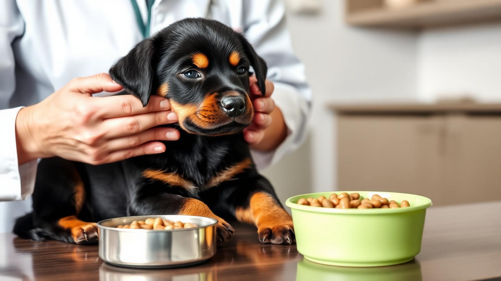 Rottweiler puppy at a veterinary nutrition check beside a bowl of balanced puppy food