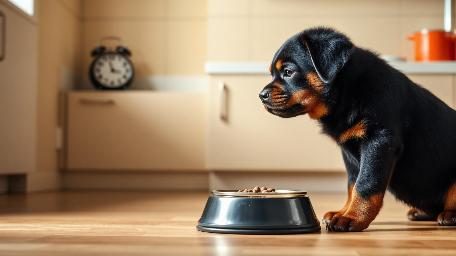 Rottweiler puppy beside two food bowls in a bright kitchen