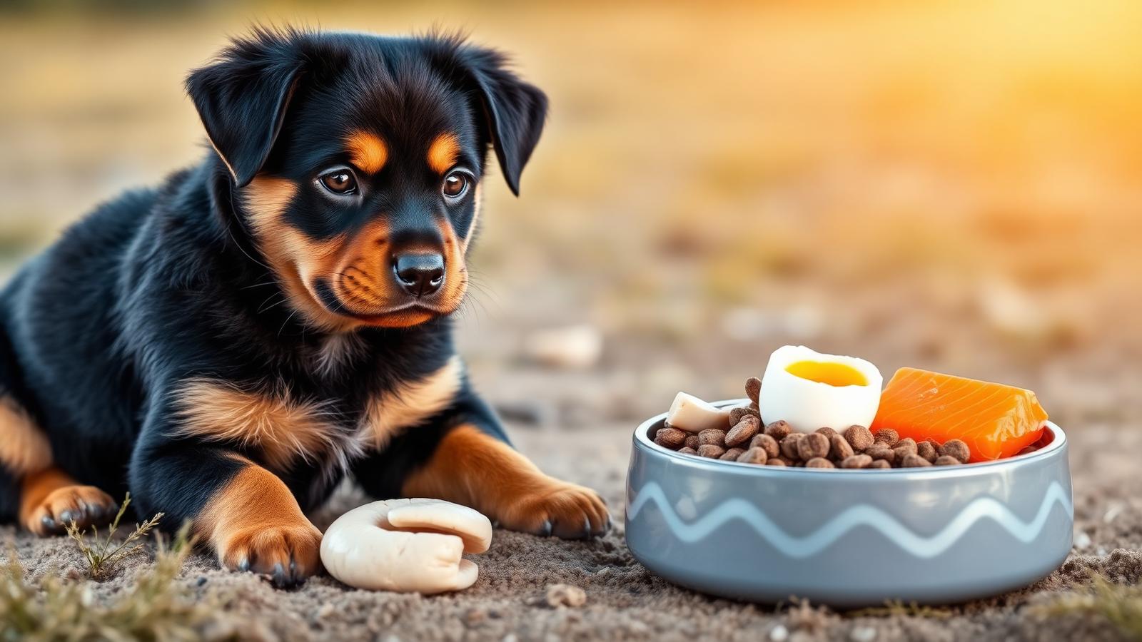 Rottweiler puppy beside balanced puppy food with chicken egg and salmon ingredients