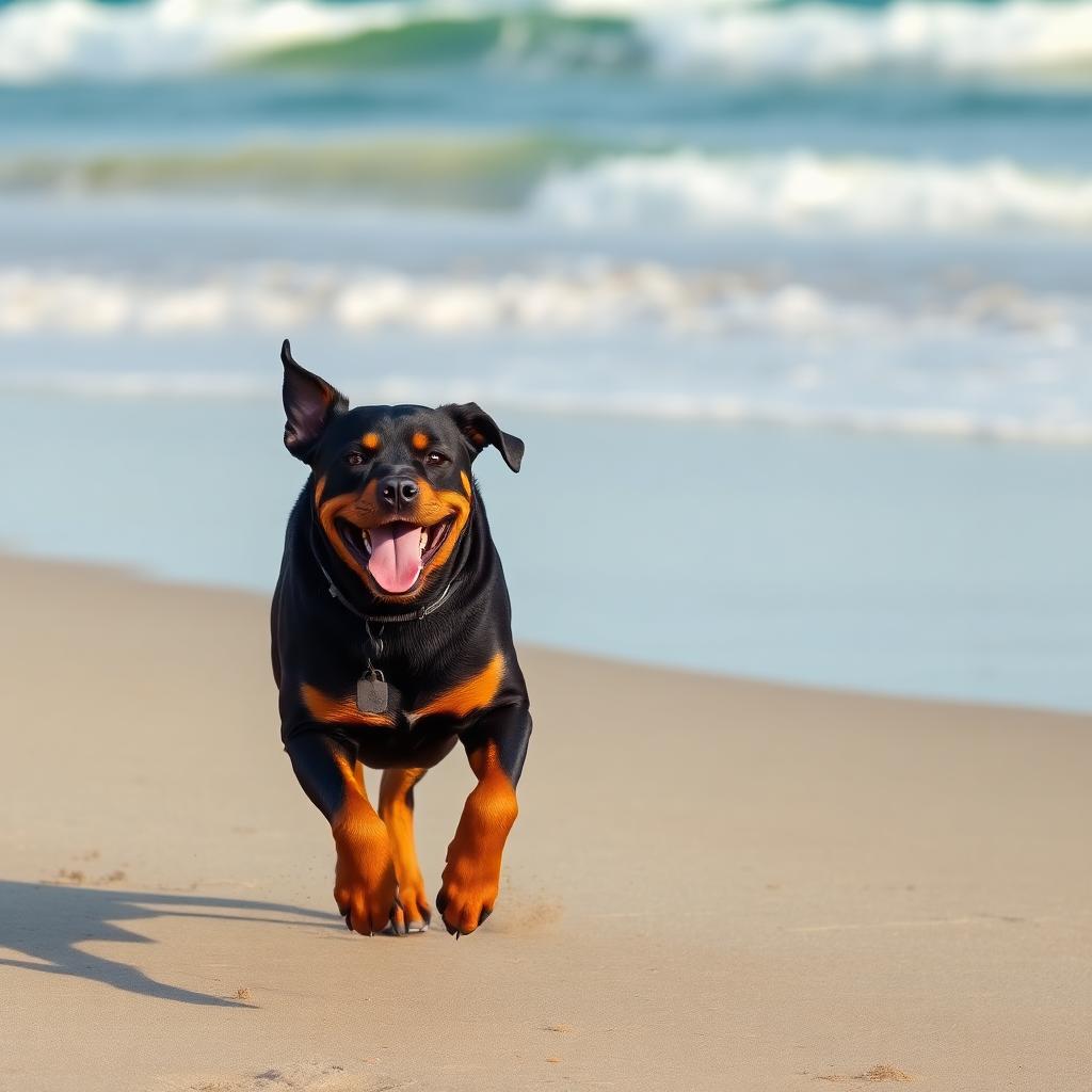 Rottweiler running along the beach by the sea