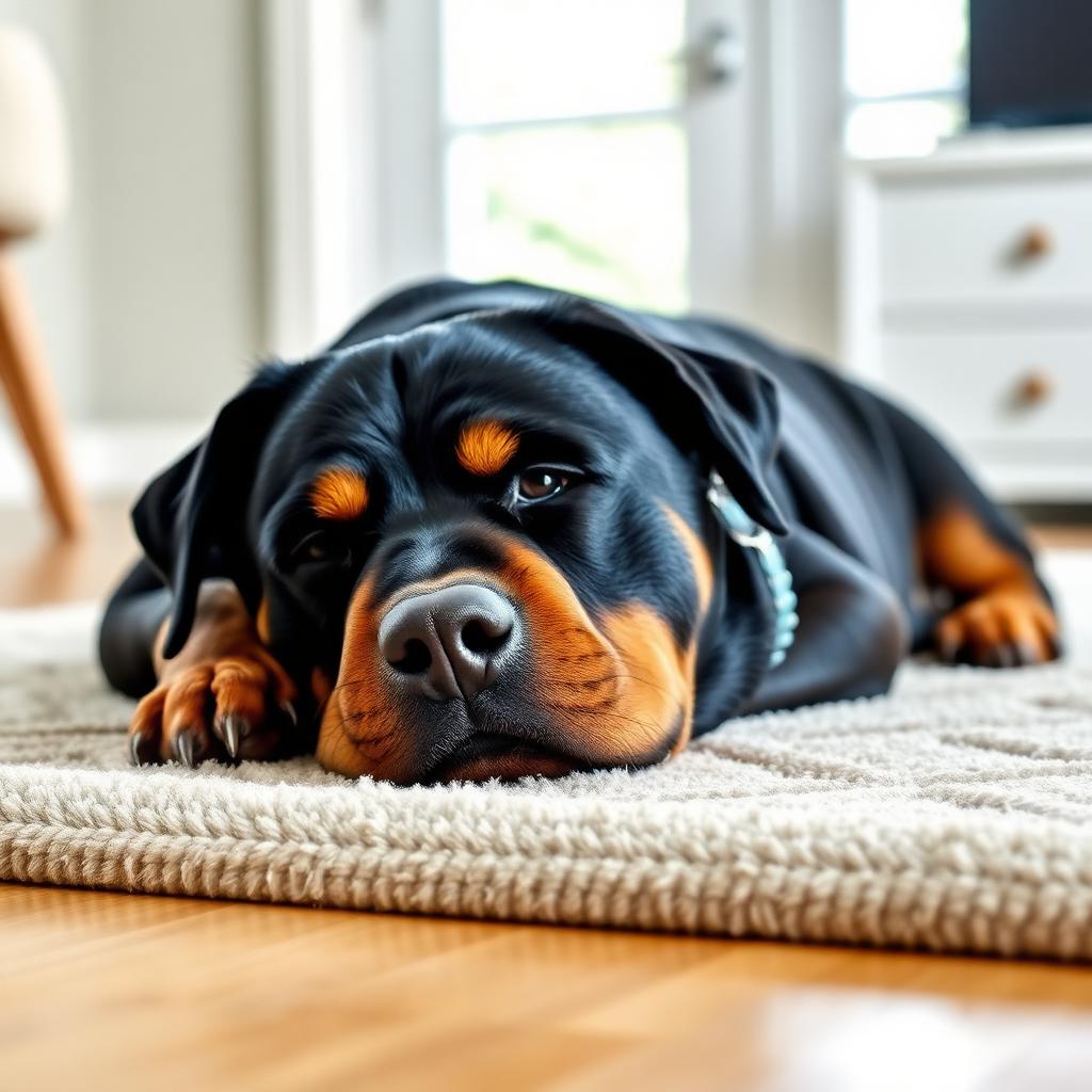 Rottweiler chilling on a rug