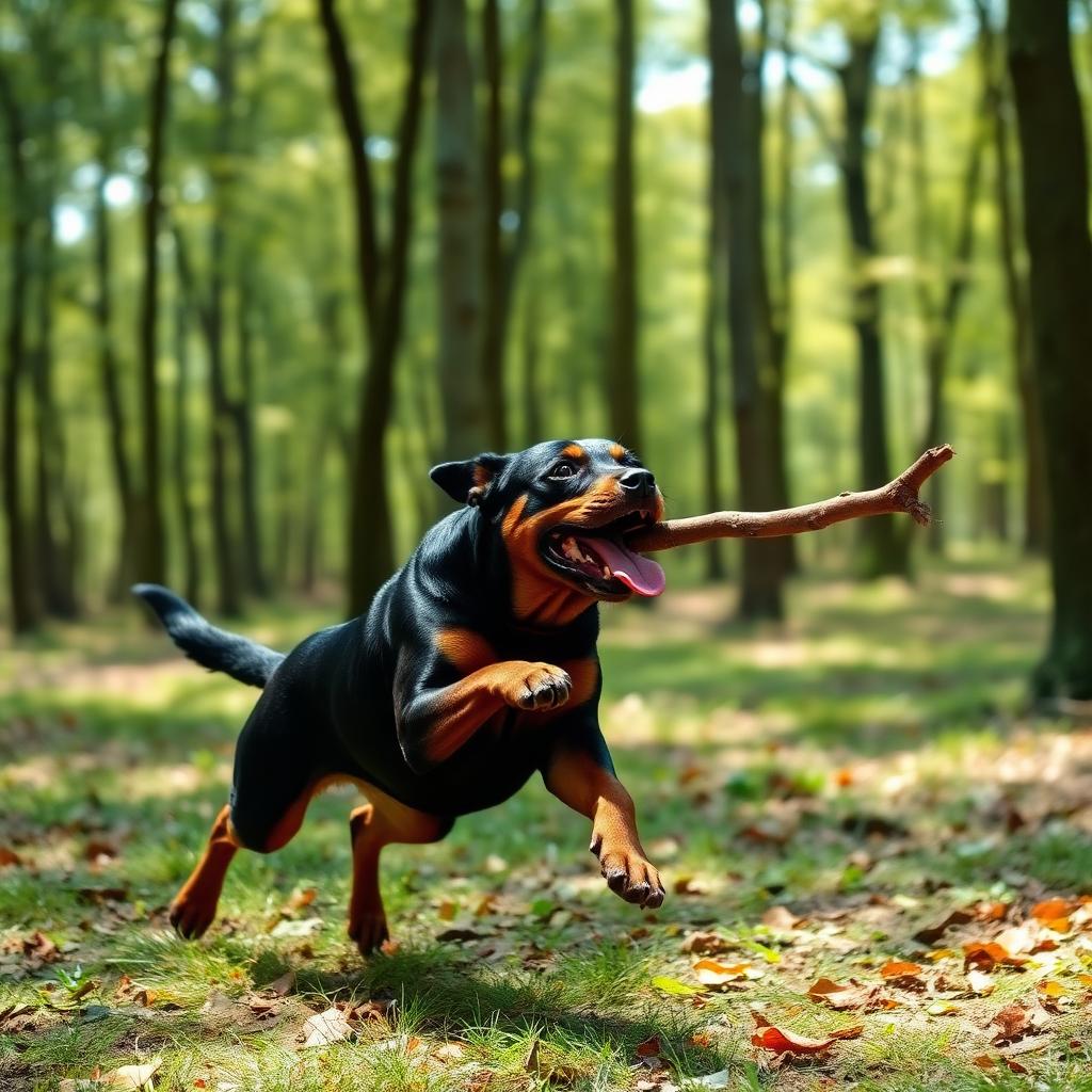 Rottweiler fetching a stick in the woods