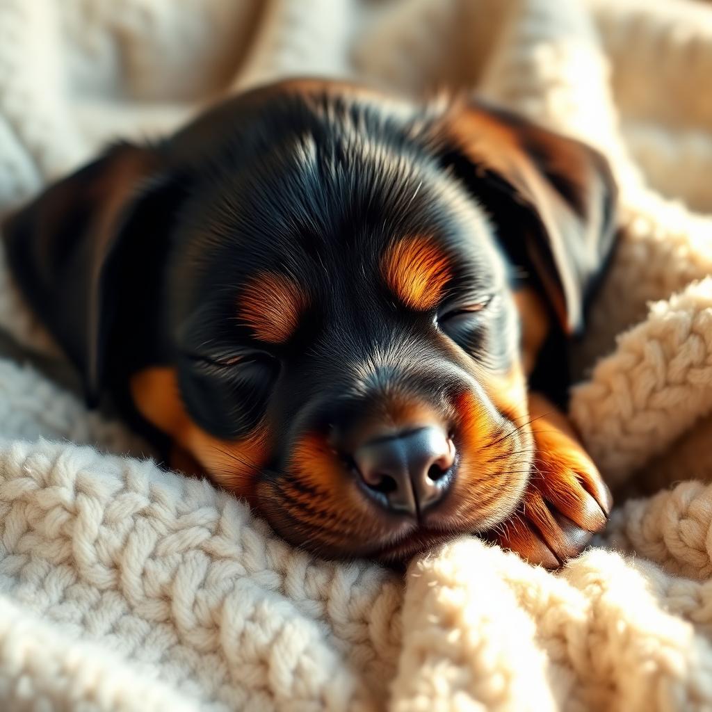 Rottweiler puppy sleeping on a soft blanket