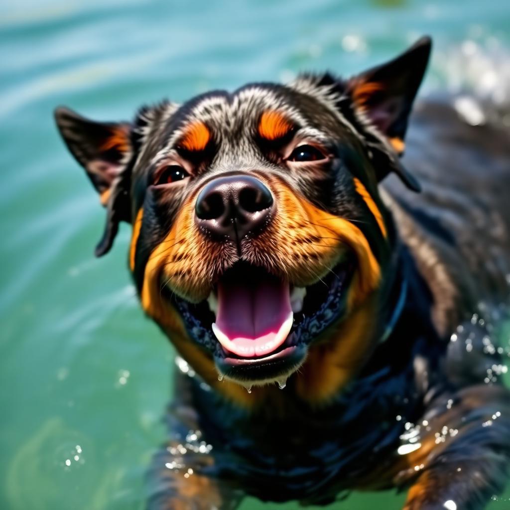 Rottweiler swimming happily in a lake