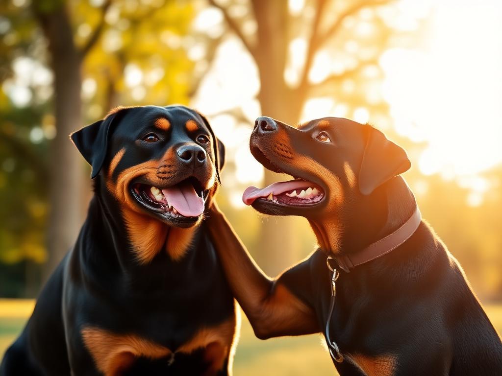 Focused Rottweiler in an obedience training session with its owner outdoors