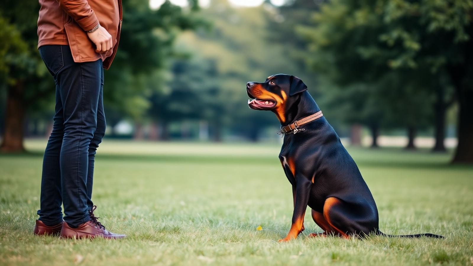 Owner teaching a Rottweiler a basic command in a quiet park