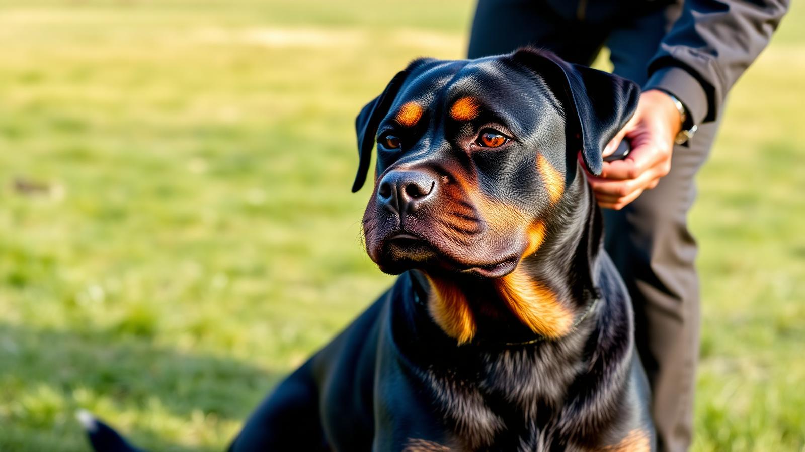 Rottweiler maintaining focus on its handler during obedience training